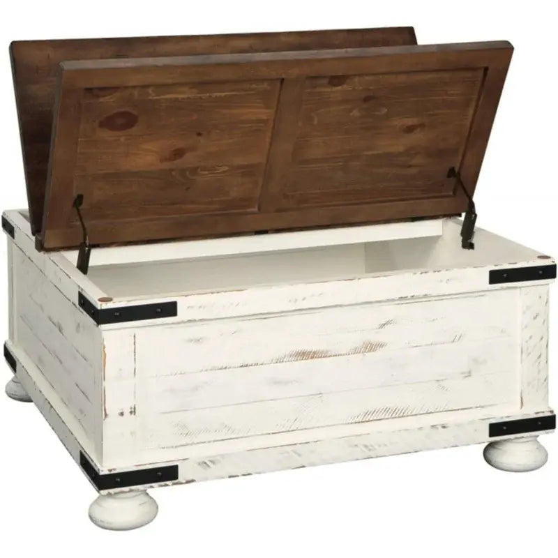 Signature Design by Ashley Wystfield Farmhouse Square Storage Coffee Table with Hinged Lift Top, Distressed White