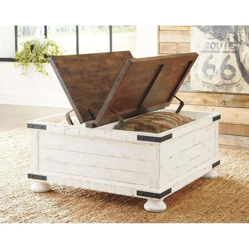 Signature Design by Ashley Wystfield Farmhouse Square Storage Coffee Table with Hinged Lift Top, Distressed White