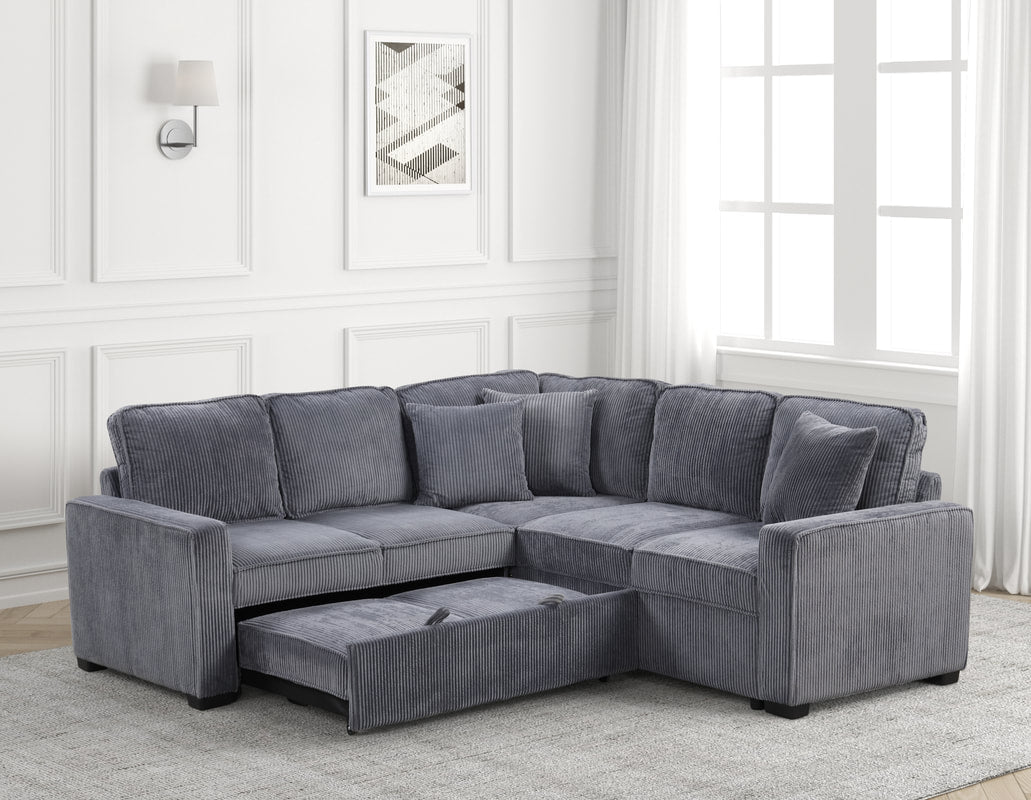 Ariel 84" L-Shaped Corduroy Sleeper Sectional with Integrated USB Charging and Pull-Out Bed