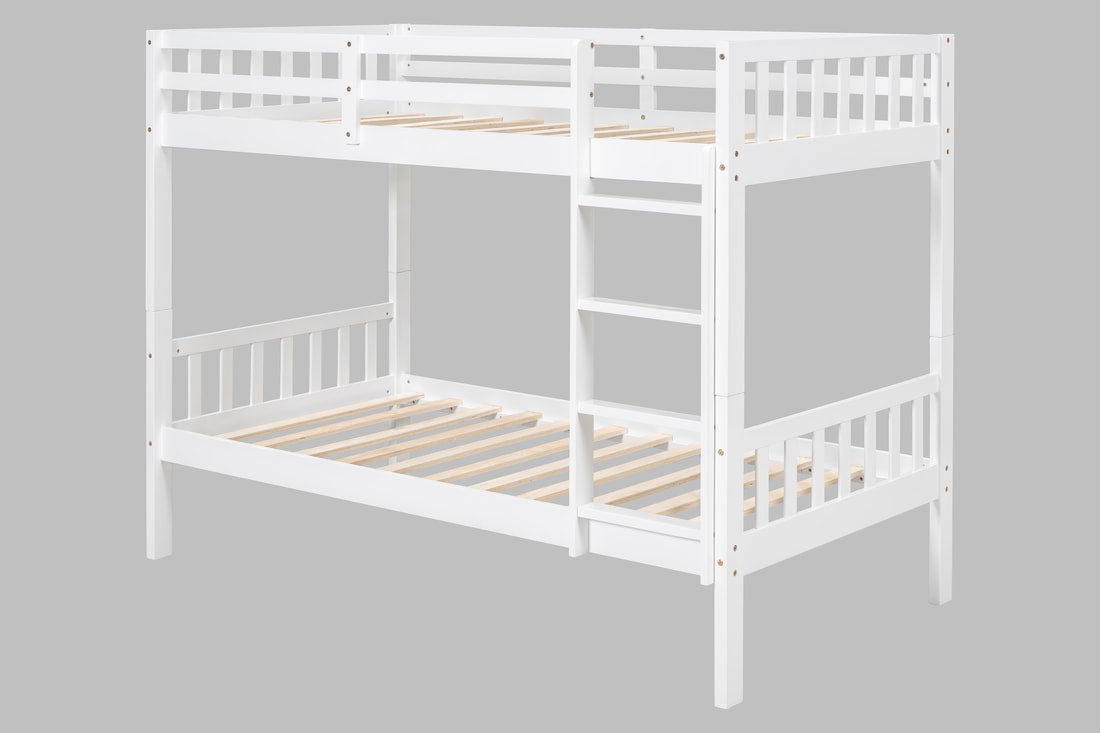 Modern White Solid Wood Twin-over-Twin Bunk Bed – Convertible 2-in-1 Design with Integrated Safety Ladder