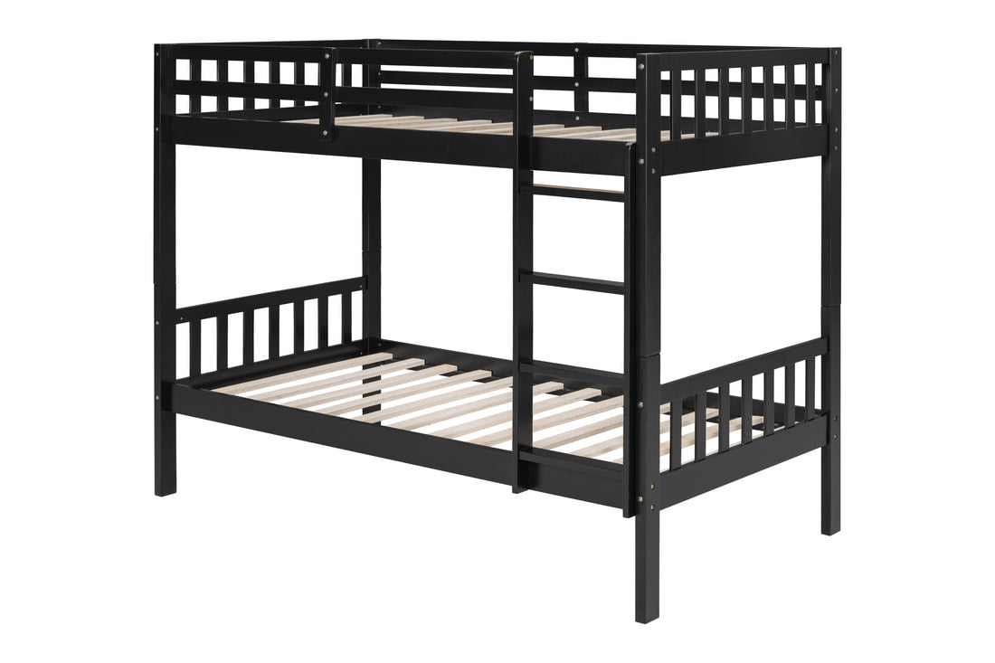 Modern Espresso Solid Wood Twin-over-Twin Bunk Bed – Space-Saving Convertible Design with Safety Guardrails