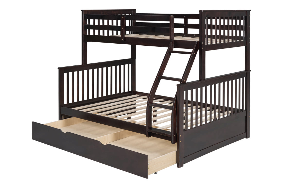 Modern Espresso Full-over-Full Solid Wood Bunk Bed with Twin Pull-Out Trundle – Space-Saving 3-in-1 Triple Sleeper