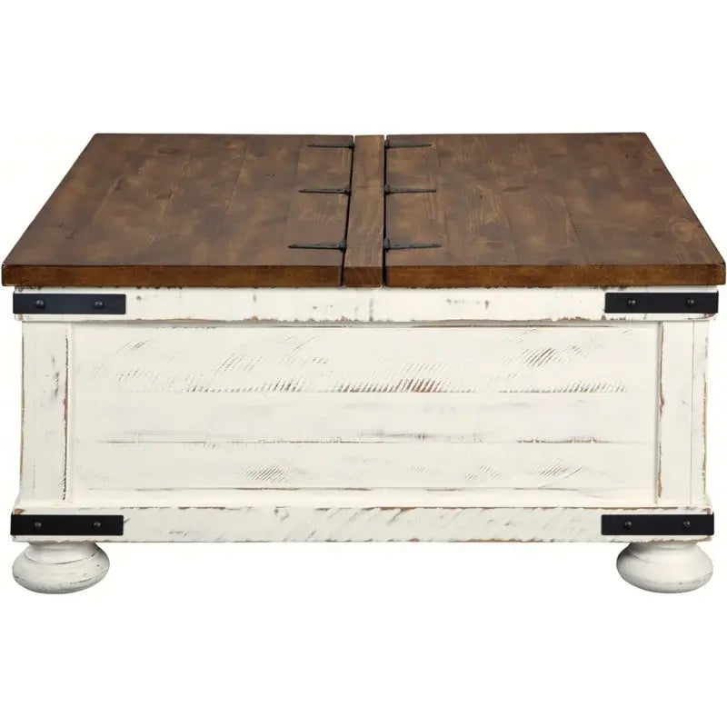 Signature Design by Ashley Wystfield Farmhouse Square Storage Coffee Table with Hinged Lift Top, Distressed White