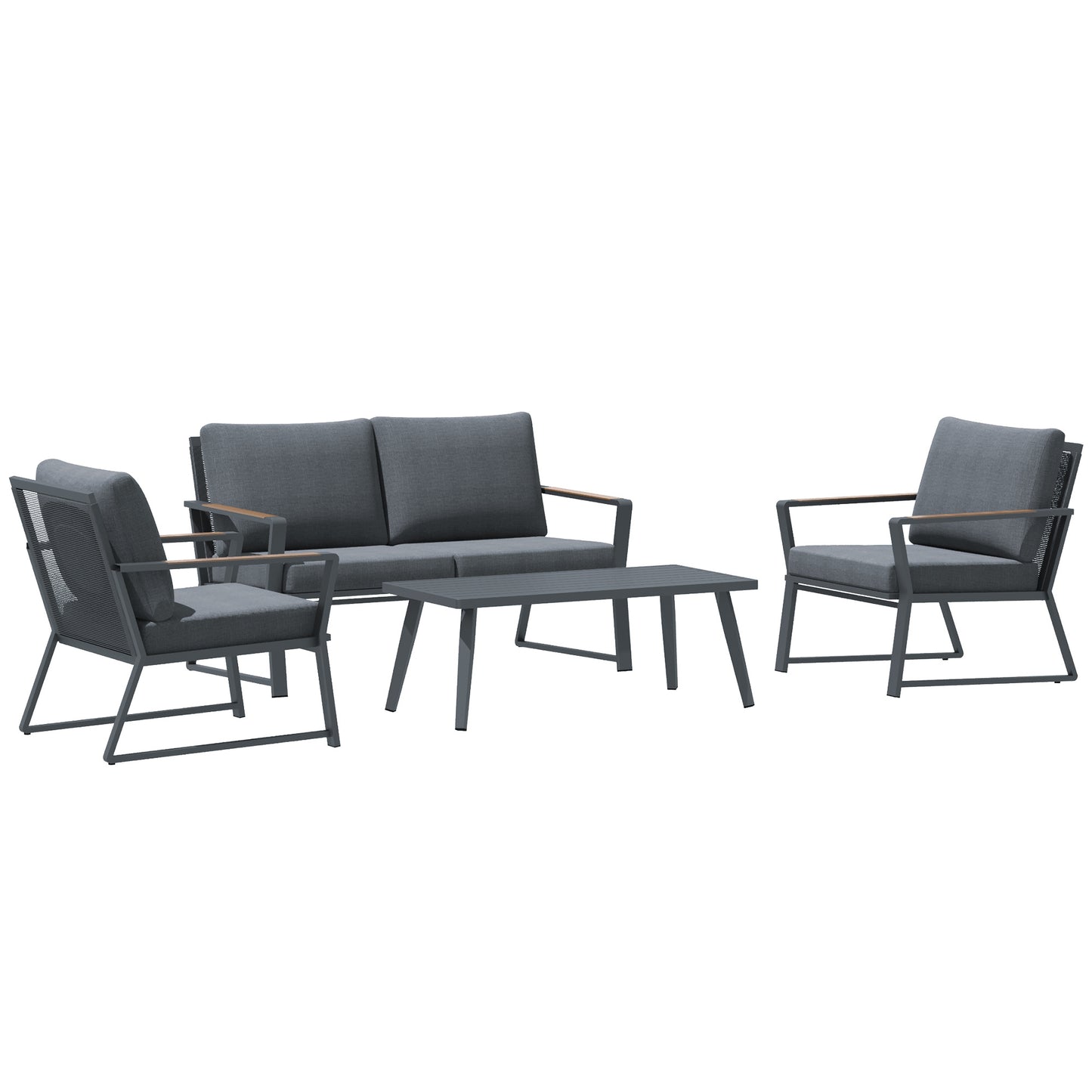 4 Piece Aluminum Patio Furniture Set, Outdoor Garden Sofa Set with Armchairs, Loveseat, Center Coffee Table and Cushions, Dark Grey