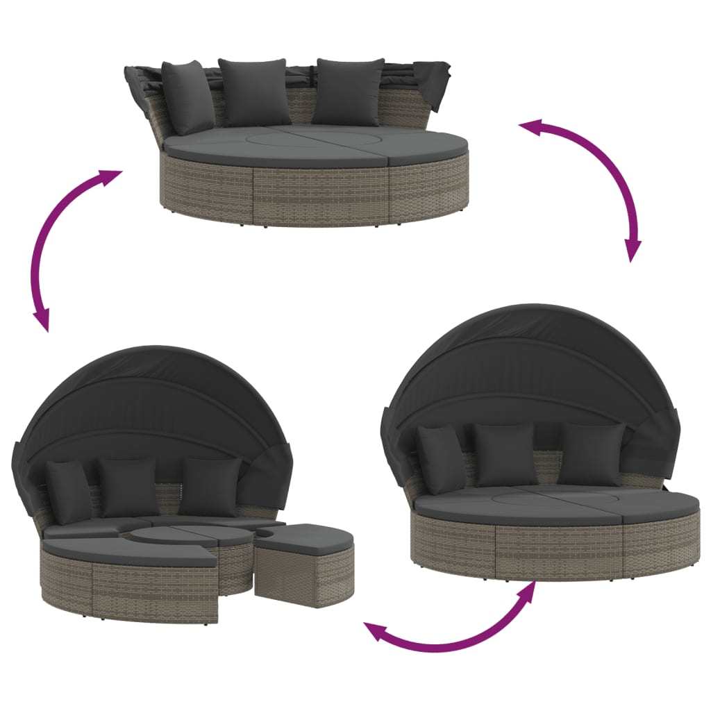 Patio Lounge Bed with Canopy and Cushions Gray Poly Rattan