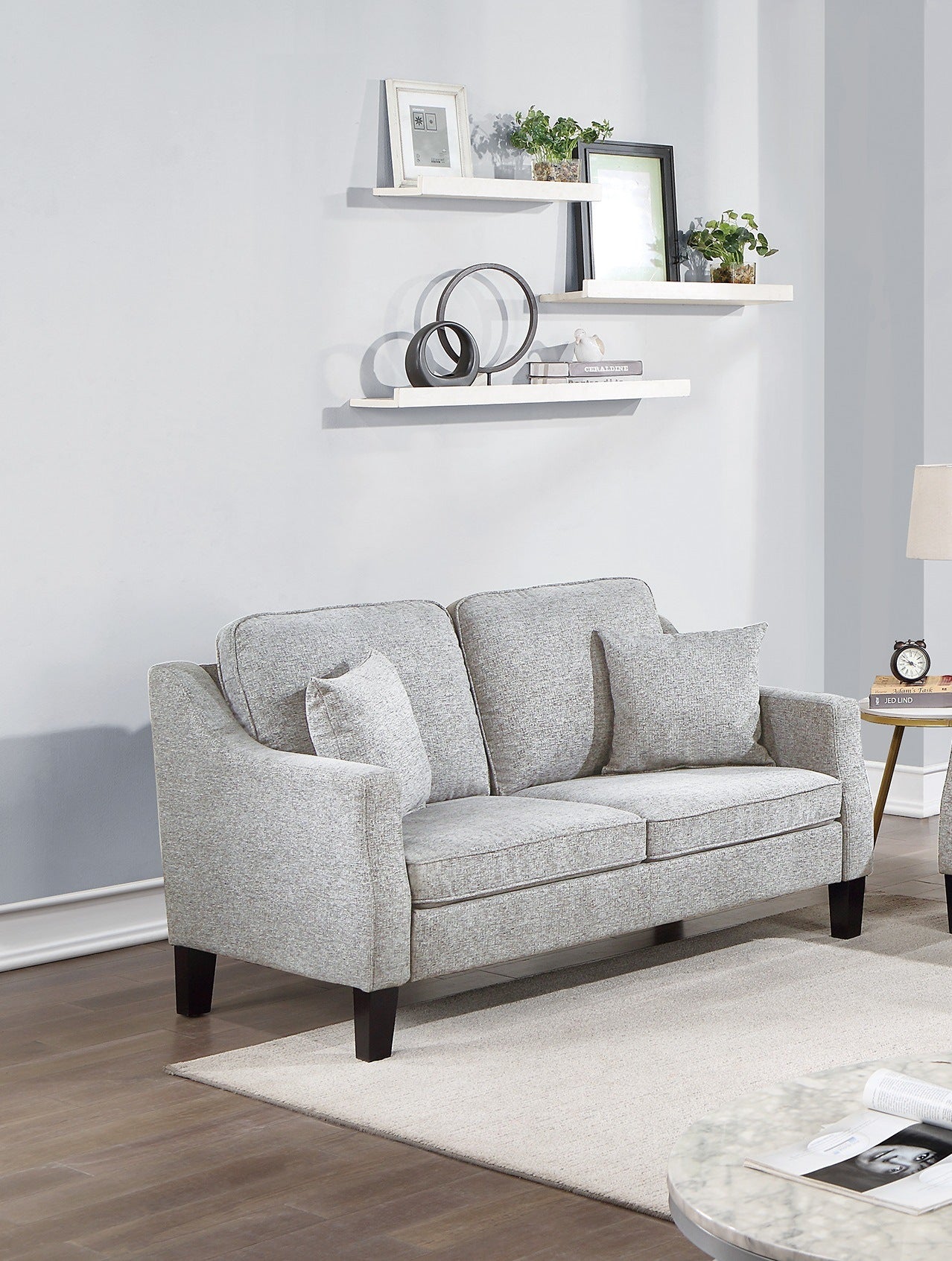 2pc Sofa And Loveseat, Grey Blended Chenille Cushion Couch w Pillows