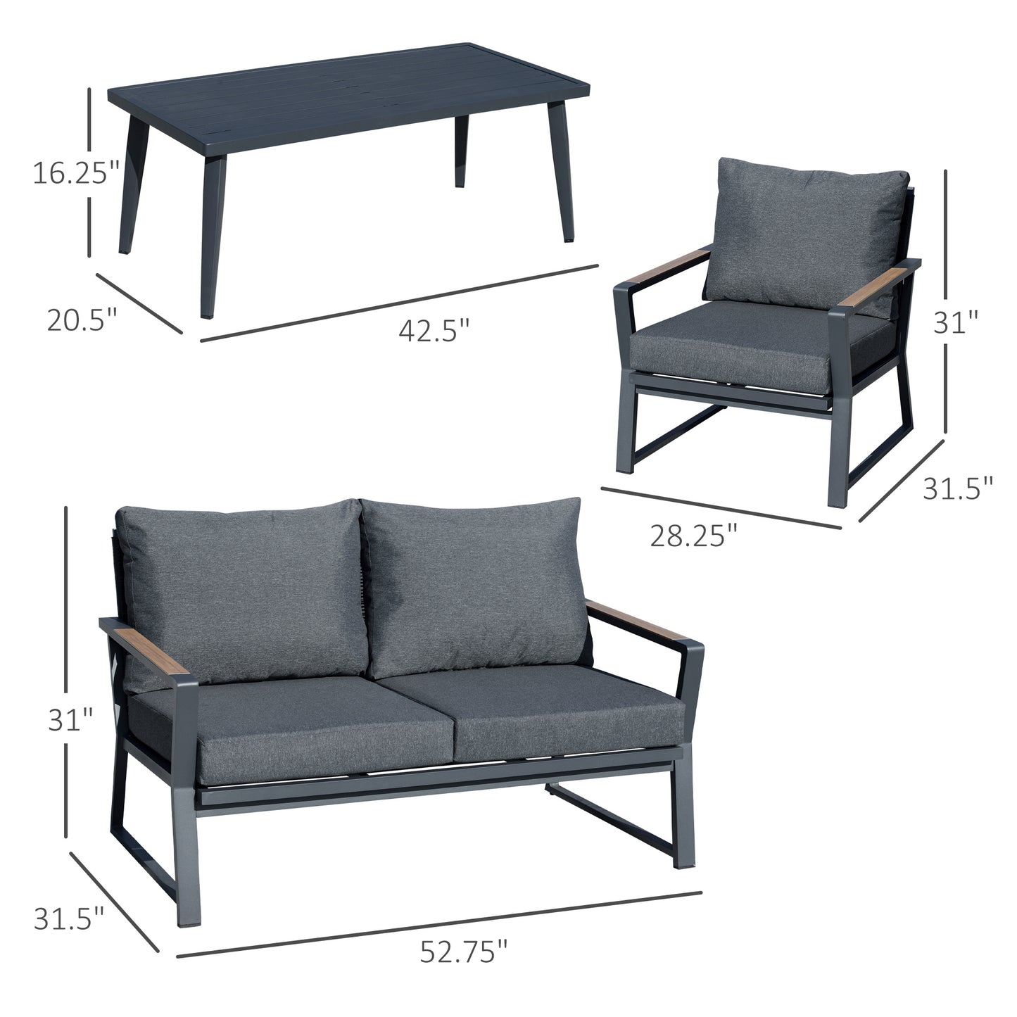 4 Piece Aluminum Patio Furniture Set, Outdoor Garden Sofa Set with Armchairs, Loveseat, Center Coffee Table and Cushions, Dark Grey