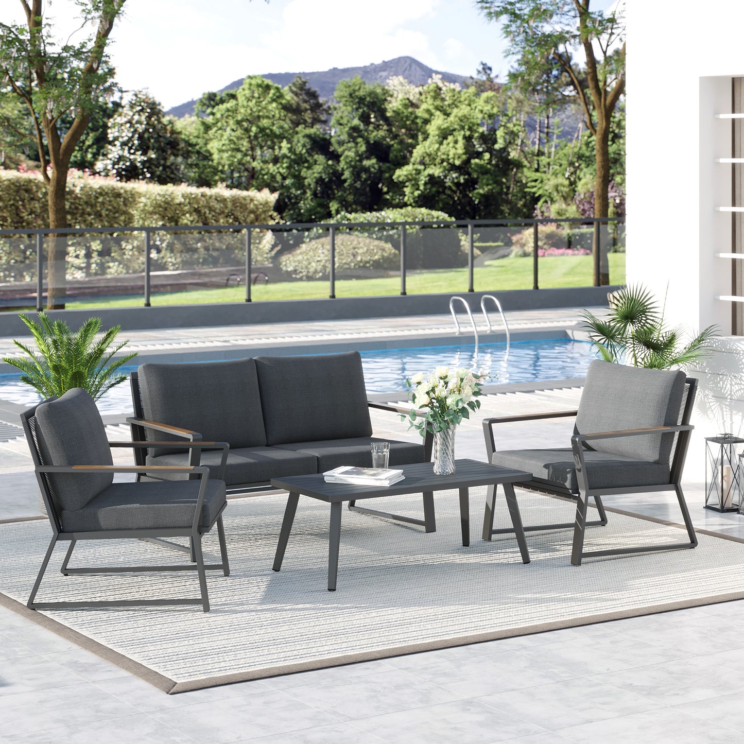 4 Piece Aluminum Patio Furniture Set, Outdoor Garden Sofa Set with Armchairs, Loveseat, Center Coffee Table and Cushions, Dark Grey