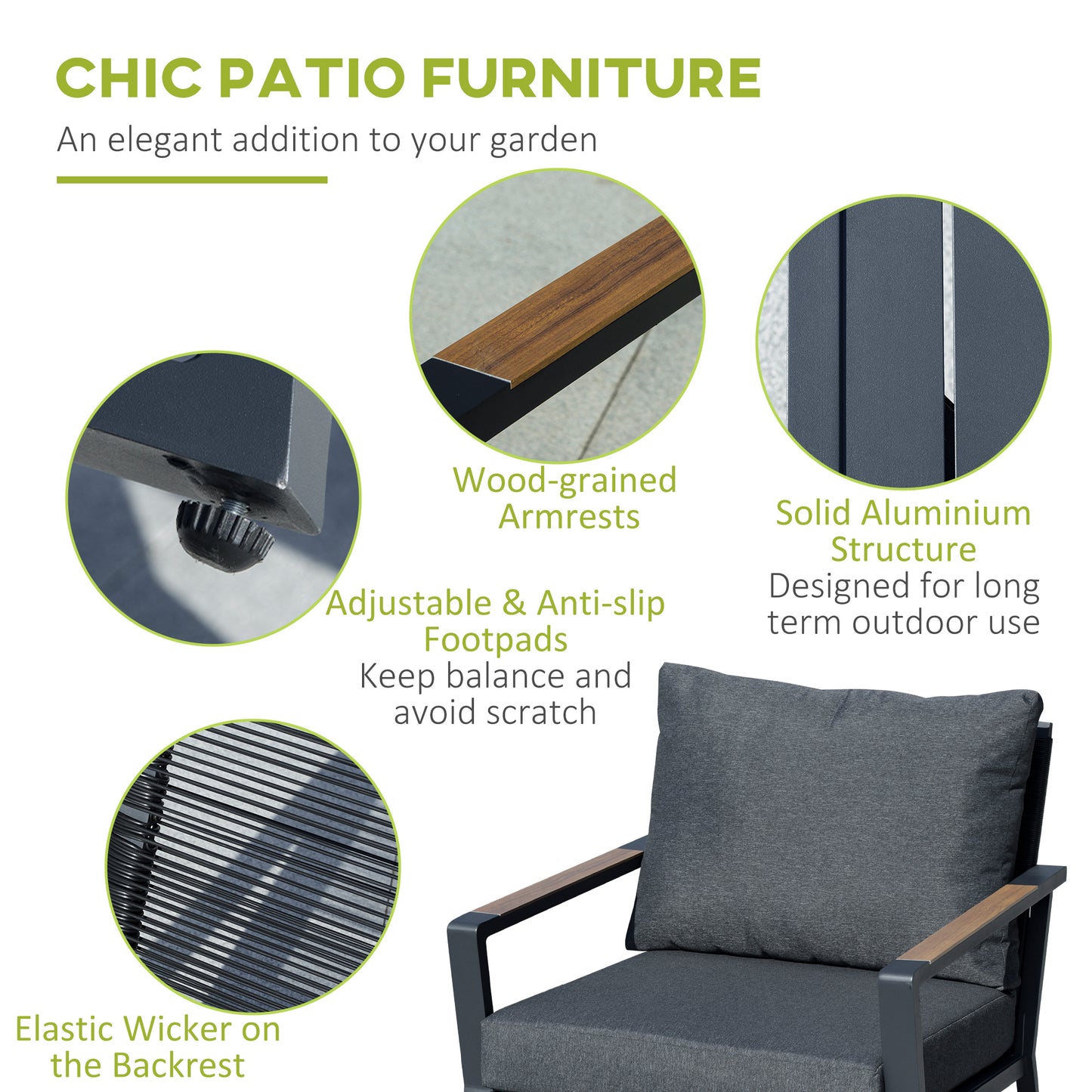 4 Piece Aluminum Patio Furniture Set, Outdoor Garden Sofa Set with Armchairs, Loveseat, Center Coffee Table and Cushions, Dark Grey