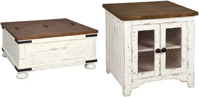 Signature Design by Ashley Wystfield Farmhouse Square Storage Coffee Table with Hinged Lift Top, Distressed White