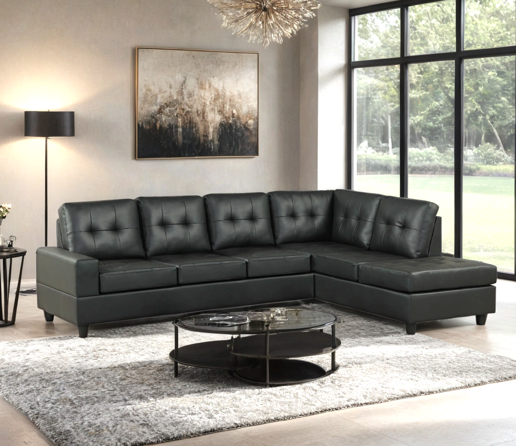 James Black PU Reversible Sectional Sofa – Modern L-Shaped Faux Leather Couch