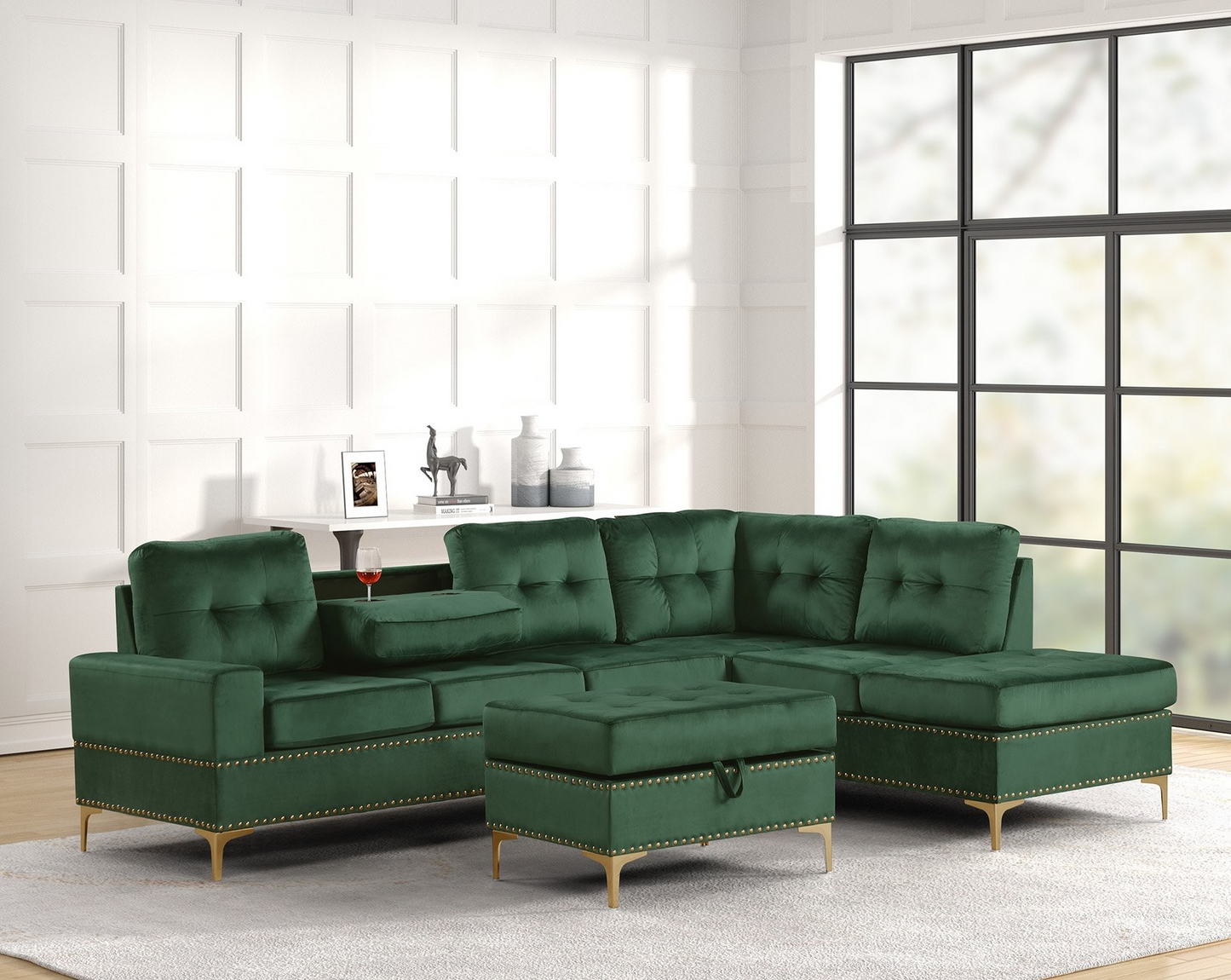 Anserra Reversible Sectional and Storage Ottoman Set in Velvet.