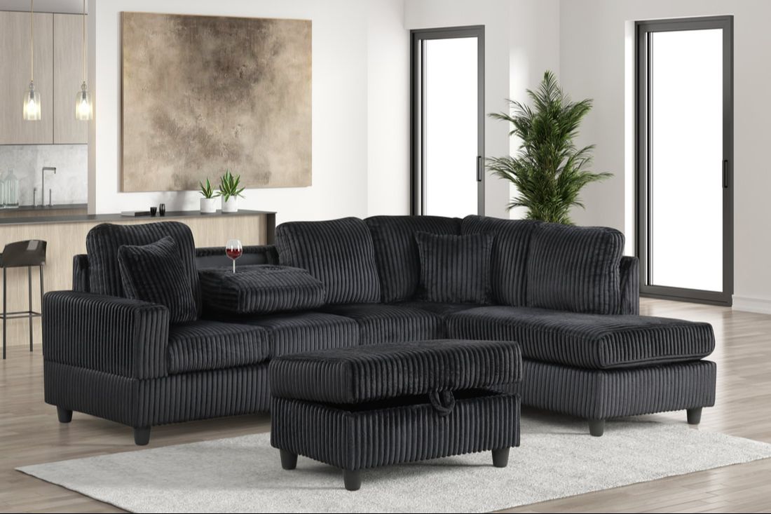 Heights Black Corduroy Reversible Sectional with Storage Ottoman