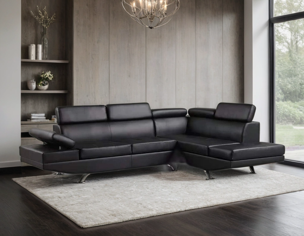 Moderno White Faux Leather L-Shaped Sectional Sofa with Adjustable Headrests and Polished Chrome Legs