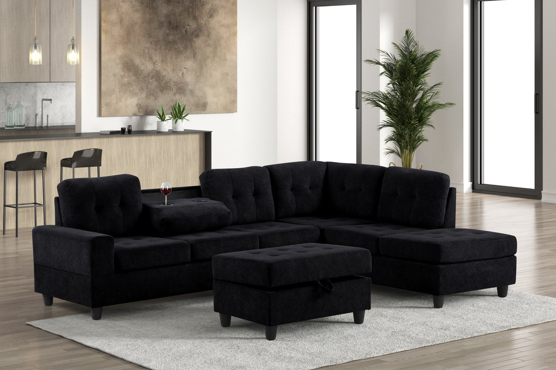 Heights 112" Reversible Sectional Sofa with Storage Ottoman & Hidden Drop-Down Console