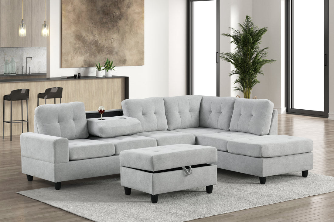 Heights 112" Reversible Sectional Sofa with Storage Ottoman & Hidden Drop-Down Console
