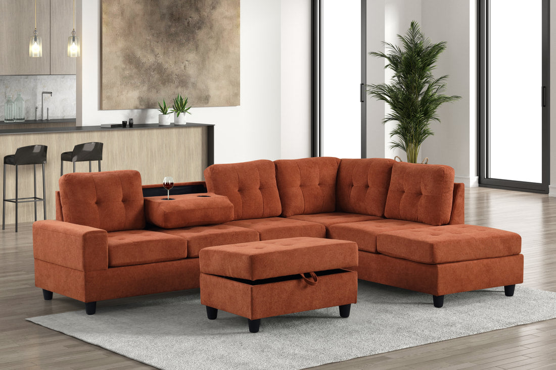 Heights 112" Reversible Sectional Sofa with Storage Ottoman & Hidden Drop-Down Console