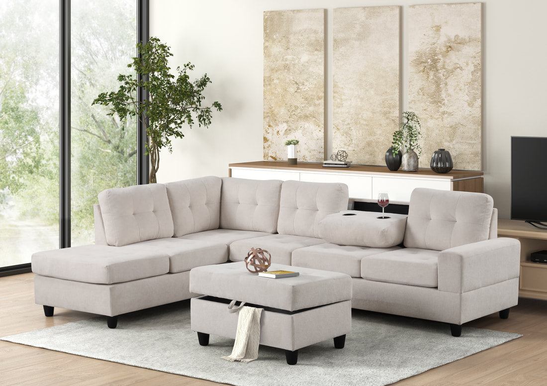 Heights 112" Reversible Sectional Sofa with Storage Ottoman & Hidden Drop-Down Console