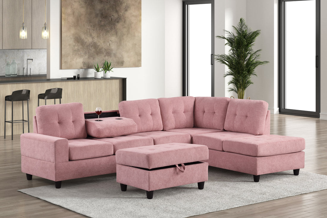 Heights 112" Reversible Sectional Sofa with Storage Ottoman & Hidden Drop-Down Console