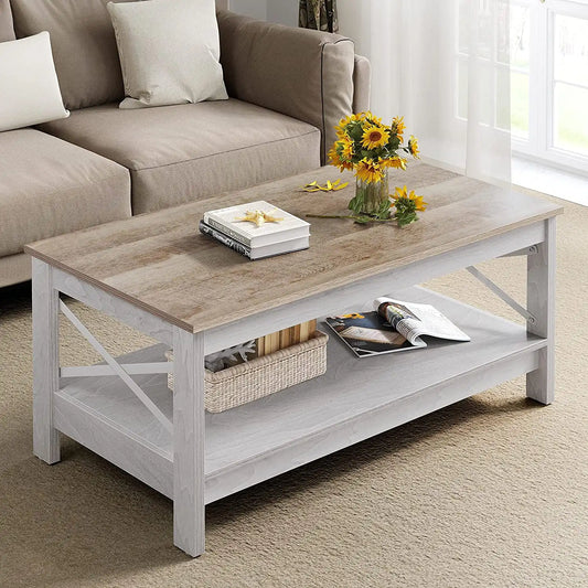 Farmhouse Coffee Table 2-Tier Wood Center  with Storage Shelf for Living Room, Gray Modern Accent Side End  fo