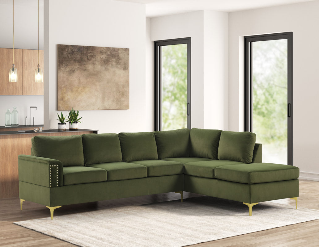 Vogue Luxurious Velvet L-Shaped Sectional Sofa with Gold Nailhead Trim and Gold Metal Y-Legs
