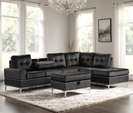 Anserra Reversible Sectional and Storage Ottoman Set in Velvet.