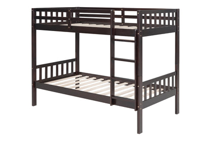 Modern Espresso Solid Wood Twin-over-Twin Bunk Bed – Space-Saving Convertible Design with Safety Guardrails