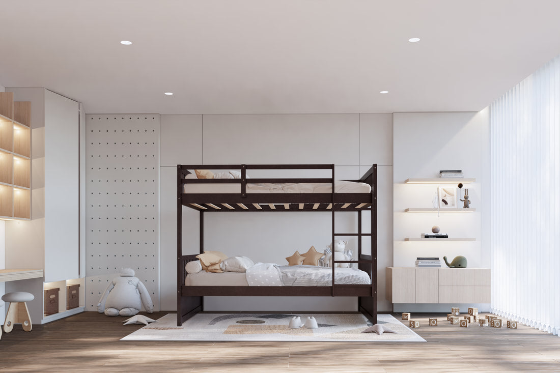 Modern Espresso Solid Wood Twin-over-Twin Bunk Bed – Space-Saving Convertible Design with Safety Guardrails