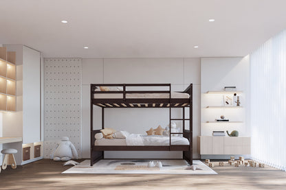 Modern Espresso Solid Wood Twin-over-Twin Bunk Bed – Space-Saving Convertible Design with Safety Guardrails