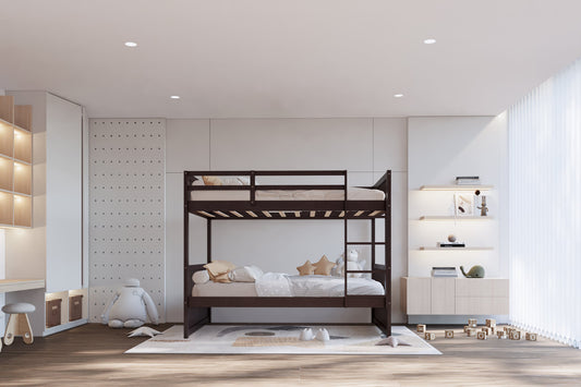 Modern Espresso Solid Wood Twin-over-Twin Bunk Bed – Space-Saving Convertible Design with Safety Guardrails