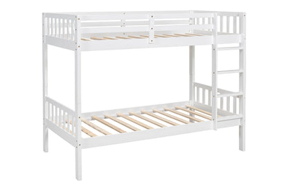 Modern White Solid Wood Twin-over-Twin Bunk Bed – Convertible 2-in-1 Design with Integrated Safety Ladder