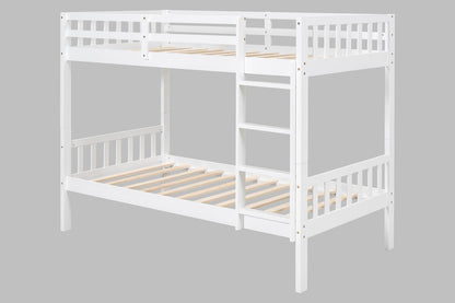 Modern White Solid Wood Twin-over-Twin Bunk Bed – Convertible 2-in-1 Design with Integrated Safety Ladder