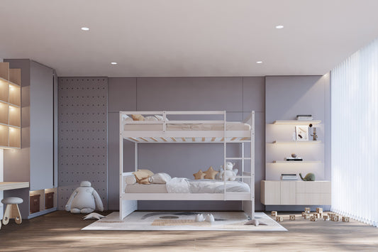 Modern White Solid Wood Twin-over-Twin Bunk Bed – Convertible 2-in-1 Design with Integrated Safety Ladder