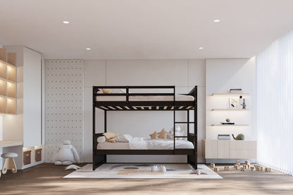 Modern Espresso Solid Wood Twin-over-Twin Bunk Bed – Space-Saving Convertible Design with Safety Guardrails