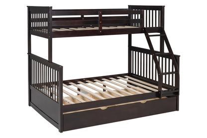 Modern Espresso Full-over-Full Solid Wood Bunk Bed with Twin Pull-Out Trundle – Space-Saving 3-in-1 Triple Sleeper