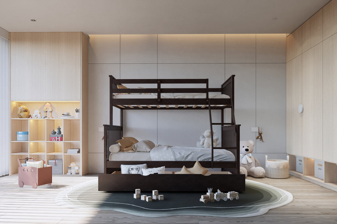 Modern Espresso Full-over-Full Solid Wood Bunk Bed with Twin Pull-Out Trundle – Space-Saving 3-in-1 Triple Sleeper