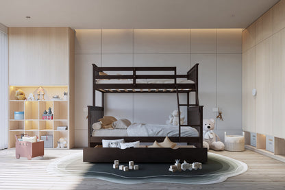 Modern Espresso Full-over-Full Solid Wood Bunk Bed with Twin Pull-Out Trundle – Space-Saving 3-in-1 Triple Sleeper
