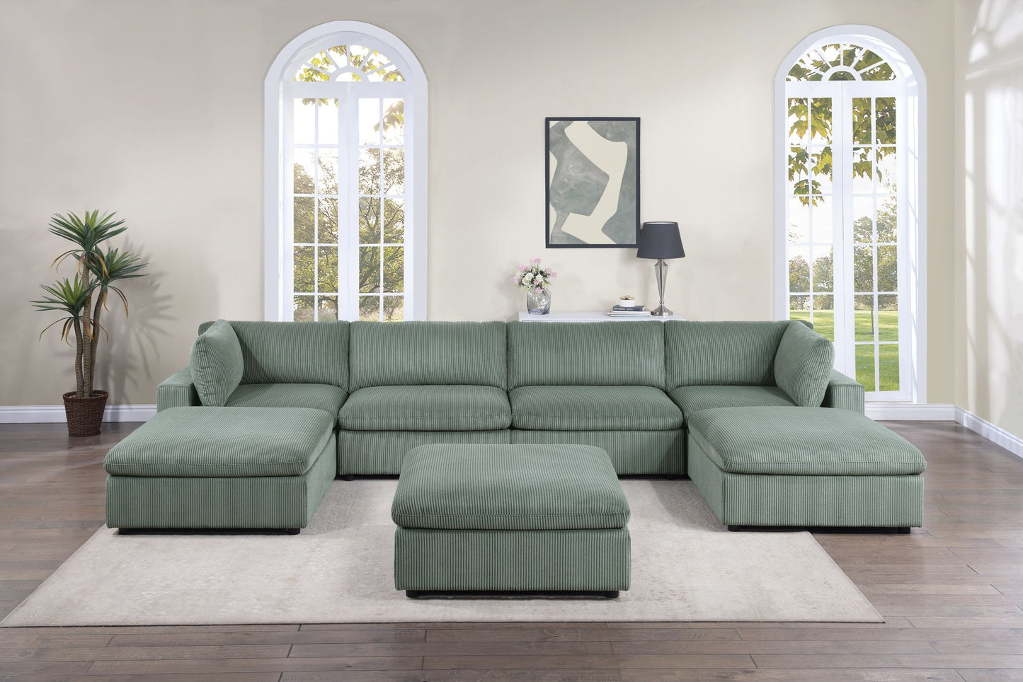 Sage Color 7pc Modular Sectional Set Corduroy Upholstery Couch