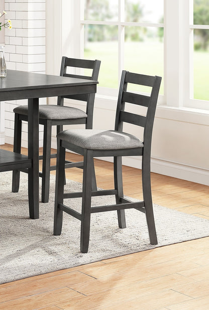 Classic Counter Height 5pc Set, Gray, Square Dining Table w Shelves - Cushion Seat Ladder Back High Chairs, Solid wood