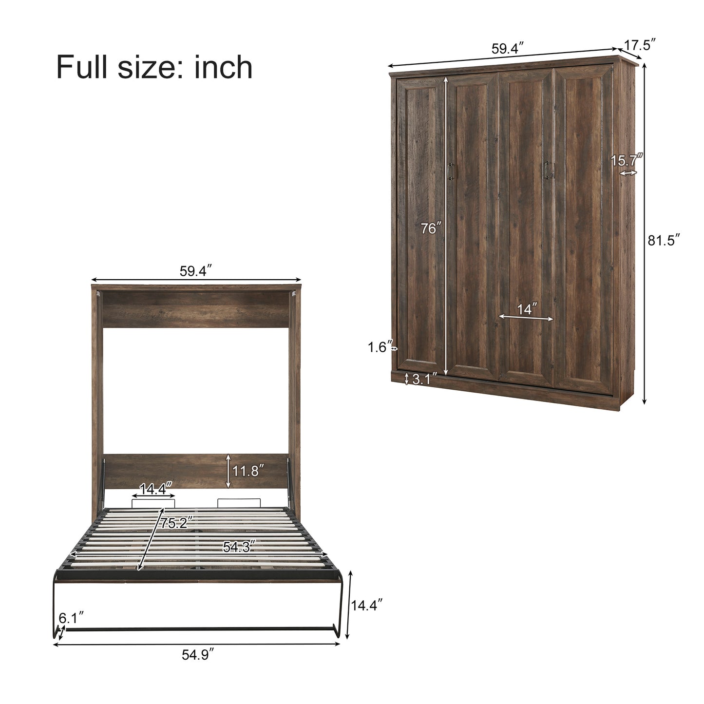 Full Size Self-Close and Open Murphy Bed with 2 Side Cabinet Storage Shelf, Brown