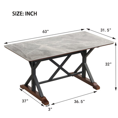 Sintered Stone Dining Table, 63" Modern Gray Rectangular Faux Marble Dining Room Table with X-shaped Metal Legs and Solid Wood Base, Scratch and Heat Resistant, (Table Only)