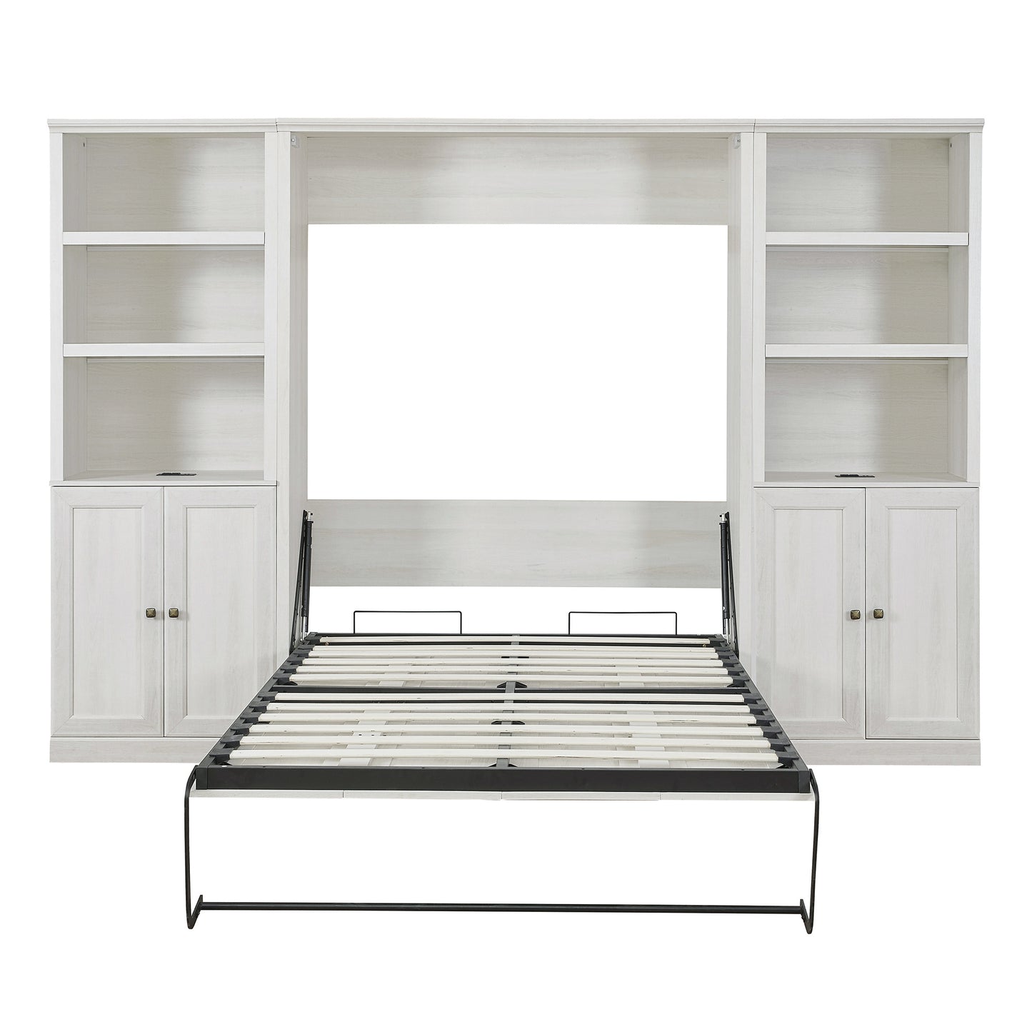 Full Size Self-Close and Open Murphy Bed with 2 Side Cabinet Storage Shelf,  Rustic White