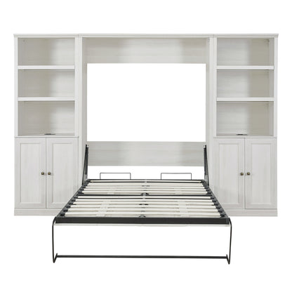 Full Size Self-Close and Open Murphy Bed with 2 Side Cabinet Storage Shelf,  Rustic White