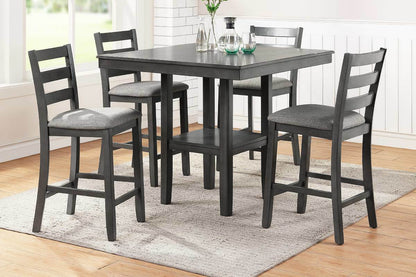 Classic Counter Height 5pc Set, Gray, Square Dining Table w Shelves - Cushion Seat Ladder Back High Chairs, Solid wood