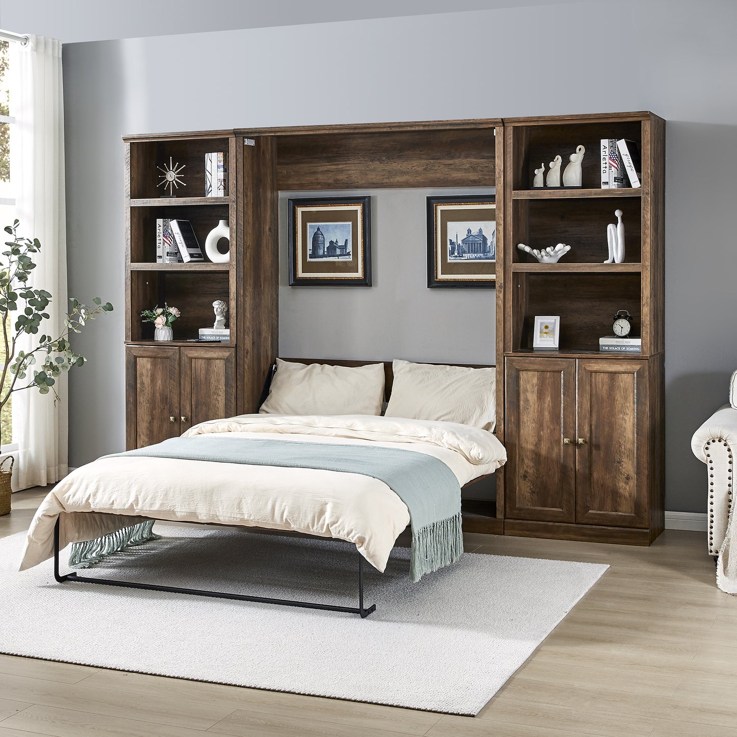 Full Size Self-Close and Open Murphy Bed with 2 Side Cabinet Storage Shelf, Brown