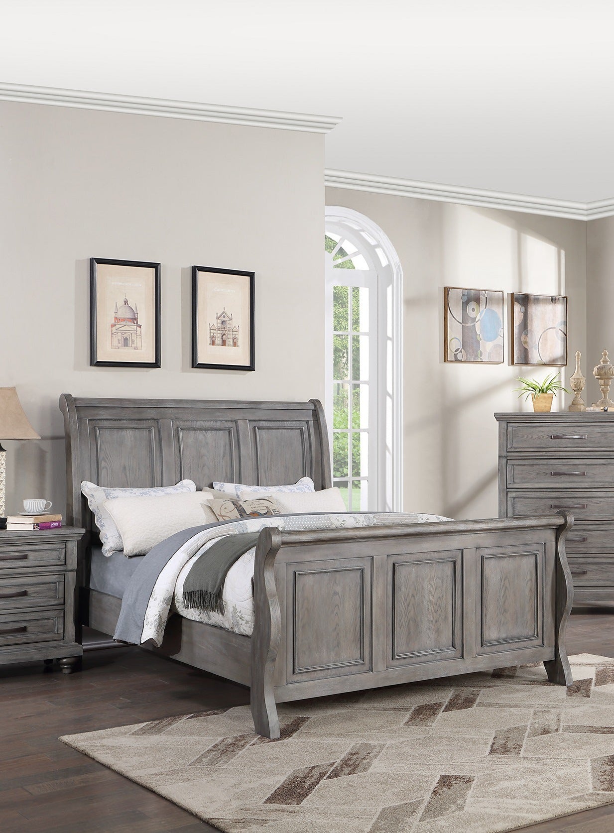 Sleigh Design King Size Panel Bed, Beautiful Wooden Antique Gray Oak Finish