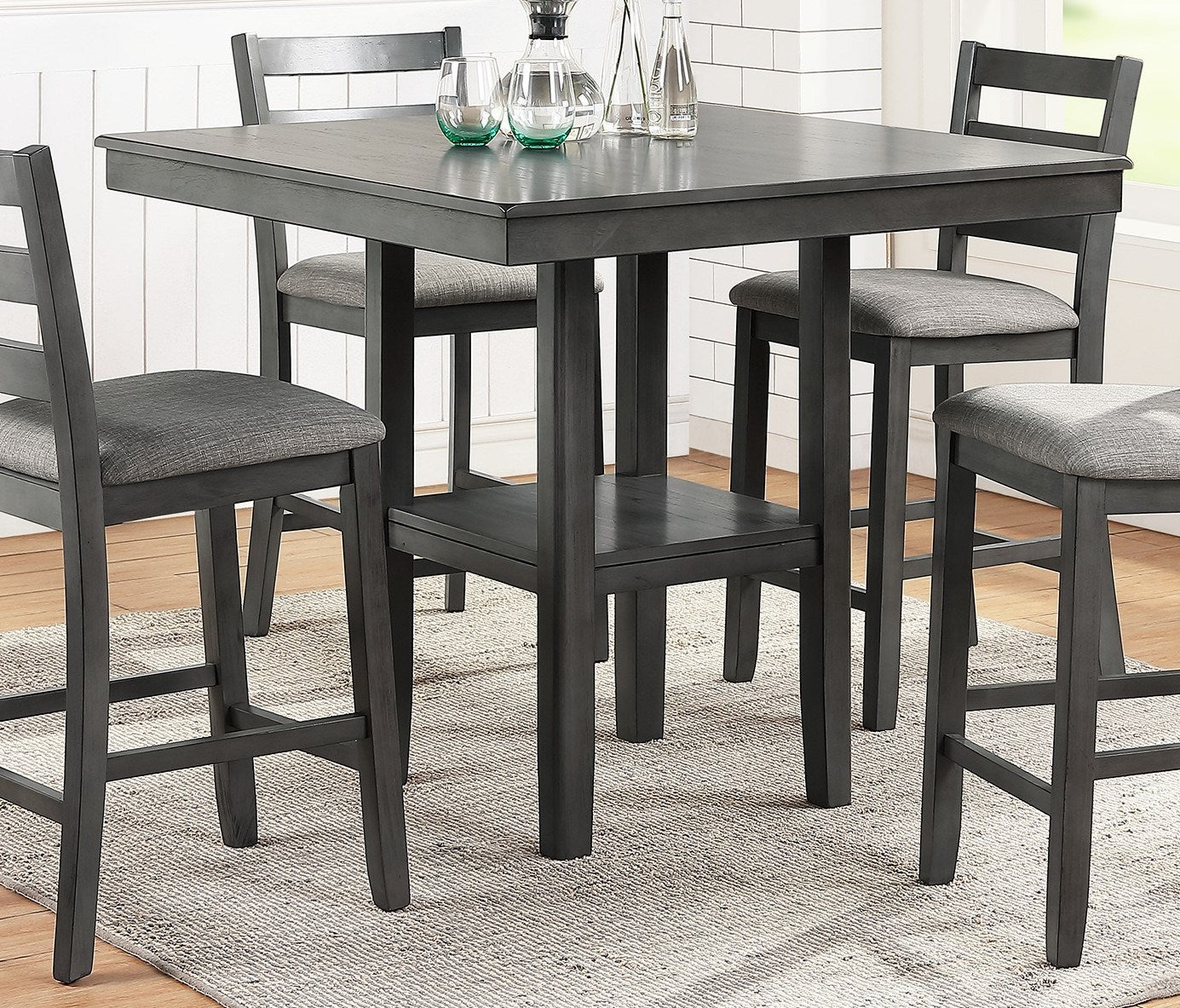 Classic Counter Height 5pc Set, Gray, Square Dining Table w Shelves - Cushion Seat Ladder Back High Chairs, Solid wood