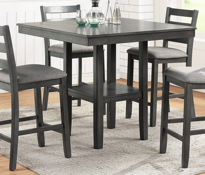 Classic Counter Height 5pc Set, Gray, Square Dining Table w Shelves - Cushion Seat Ladder Back High Chairs, Solid wood