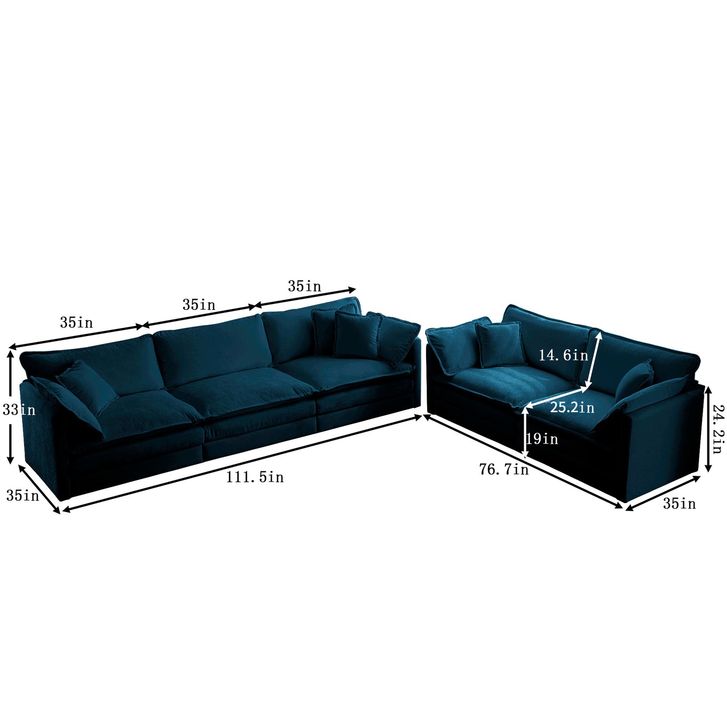 Modern Sofa Set for Living Room, Blue Chenille, 2+3 Seater Sofa Set Deep Seat Sofa