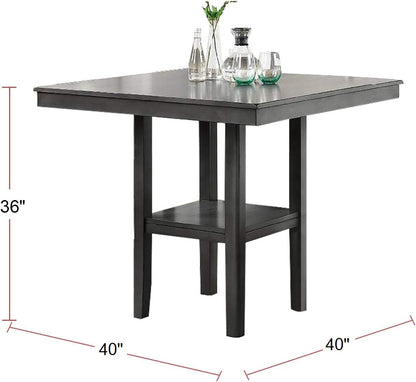 Classic Counter Height 5pc Set, Gray, Square Dining Table w Shelves - Cushion Seat Ladder Back High Chairs, Solid wood